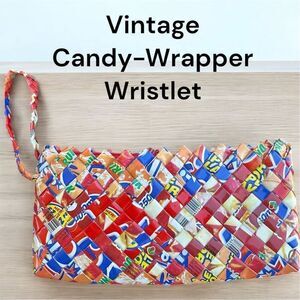 Vintage Handmade Multicolor Red Blue Candy Wrapper Basket Weave Wristlet